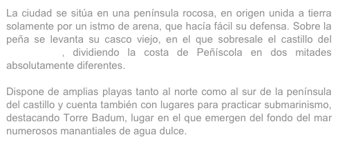 La ciudad se sitúa en una península rocosa, en origen unida a tierra solamente por un istmo de arena, que hacía fácil su defensa. Sobre la peña se levanta su casco viejo, en el que sobresale el castillo del Papa Luna, dividiendo la costa de Peñíscola en dos mitades absolutamente diferentes.

Dispone de amplias playas tanto al norte como al sur de la península del castillo y cuenta también con lugares para practicar submarinismo, destacando Torre Badum, lugar en el que emergen del fondo del mar numerosos manantiales de agua dulce.