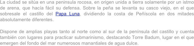 La ciudad se sitúa en una peninsula rocosa, en origen unida a tierra solamente por un istmo de arena, que hacía fácil su defensa. Sobre la peña se levanta su casco viejo, en el que sobresale el castillo del Papa Luna, dividiendo la costa de Peñíscola en dos mitades absolutamente diferentes.

Dispone de amplias playas tanto al norte como al sur de la península del castillo y cuenta también con lugares para practicar submarinismo, destacando Torre Badum, lugar en el que emergen del fondo del mar numerosos manantiales de agua dulce.
